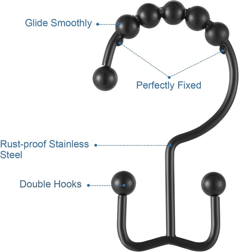 TOPROD Matte Black Shower Curtain Hooks Rings, Double Sided, Stainless Steel, Set of 12 - Image 5